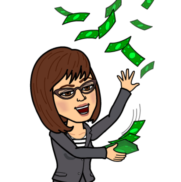 Julie Gentile, Partner and Co-Founder throwing money up in the air, pictured as fictional cartoon character.